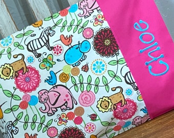 Safari Animal Personalized Pillowcase - Toddler/Travel Pillow - Kids Pillow - Embroidery - Elephant, Lion, Zebra, Hippo - Girly Zoo Print