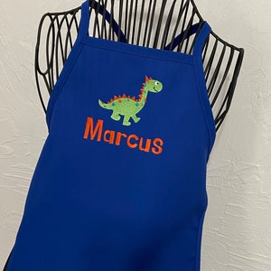 Personalized Embroidered Boy Dinosaur Apron Kids Toddler Apron Baking Birthday Christmas Gift Blue Apron Brontosaurus Design Chef image 6