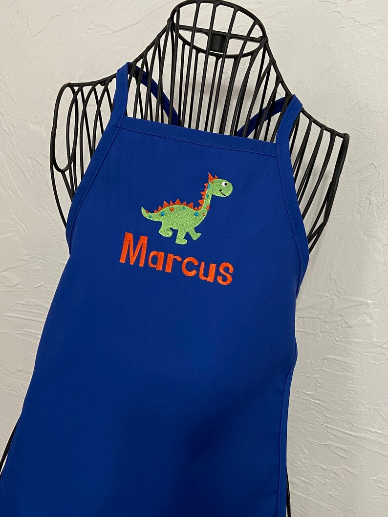 Personalized Embroidered Boy Dinosaur Apron Kids Toddler Apron Baking Birthday Christmas Gift Blue Apron Brontosaurus Design Chef image 6