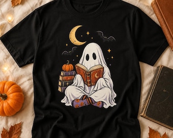 Reading Ghost Halloween PNG, Book Lover Spooky Shirt Design, Retro Sublimation (Digital Download)