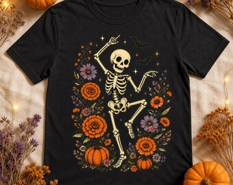 Floral Dancing Skeleton Halloween PNG, Retro Spooky Autumn Flowers Sublimation (Digital Download)