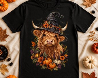 Witch Highland Cow PNG, Halloween Floral Illustration (Digital Download)