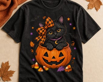 Coquette Black Cat Pumpkin PNG, Halloween Kitten Shirt Design, Plaid Bow Sublimation (Digital Download)