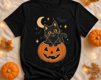 Retro Black Cat Pumpkin Halloween PNG, Spooky Season Sublimation (Digital Download)