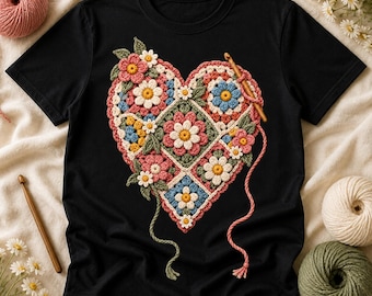 Crochet Floral Heart PNG, Granny Square Flower Shirt Design, Soft Stitch Sublimation, Digital Download