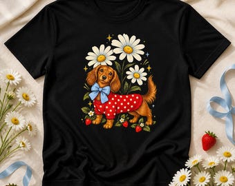 Polka Dot Dachshund Shirt Design, Floral Sublimation PNG (Digital Download)