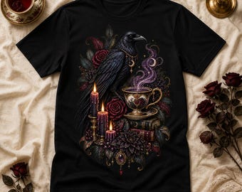 Gothic Raven Tea Party PNG, Dark Academia Halloween Illustration (Digital Download)