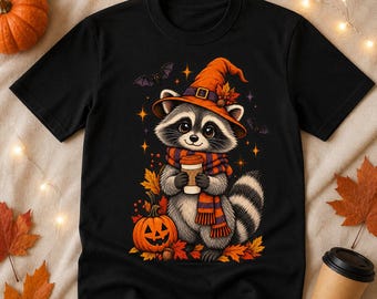 Witchy Raccoon Halloween PNG, Pumpkin Spice Coffee Shirt Design (Digital Download)