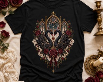 Gothic Romance Black Swans Stained Glass Shirt Design (Digital Download)