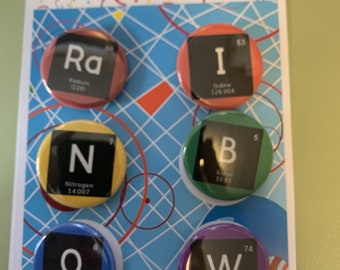 1.25 inch "RAINBOW" buttons made from the Elements in the periodic table.