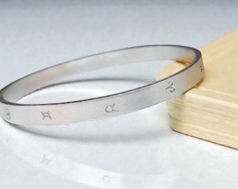 Handmade Fine Silver Zodiac Bangle • Brushed Astrology Bracelet