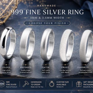 Peut inclure: Cinq bagues en argent fin 999 de 3 mm et 3,5 mm de largeur, présentant des finitions distinctes nommées brillant, brossé, satiné, givré et sablé. Le texte indique 999 FINE SILVER RING, CHOOSE YOUR FINISH et détaille les finitions.