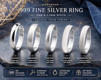 999 Fine Silver Minimalist Band Ring • Comfort Fit, 3mm/3.5mm Width, Brushed Satin Gloss Sandblast