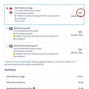 May include: A shipping label example with text: "Duties & Import Tax Already Paid by Seller." It shows shipping options like Chit Chats U.S. Edge, USPS Priority Mail, and USPS Priority Mail Express. The label includes estimated delivery times and a summary of fees.