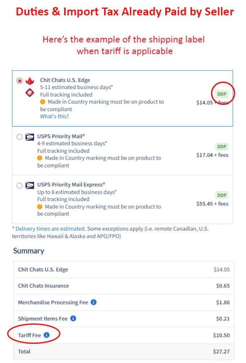 May include: A shipping label example with text: "Duties & Import Tax Already Paid by Seller." It shows shipping options like Chit Chats U.S. Edge, USPS Priority Mail, and USPS Priority Mail Express. The label includes estimated delivery times and a summary of fees.