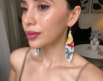 Miyuki Beaded Earrings – Handmade Hummingbird Sun & Flower Long Fringe, Lightweight Artisan Boho Jewelry