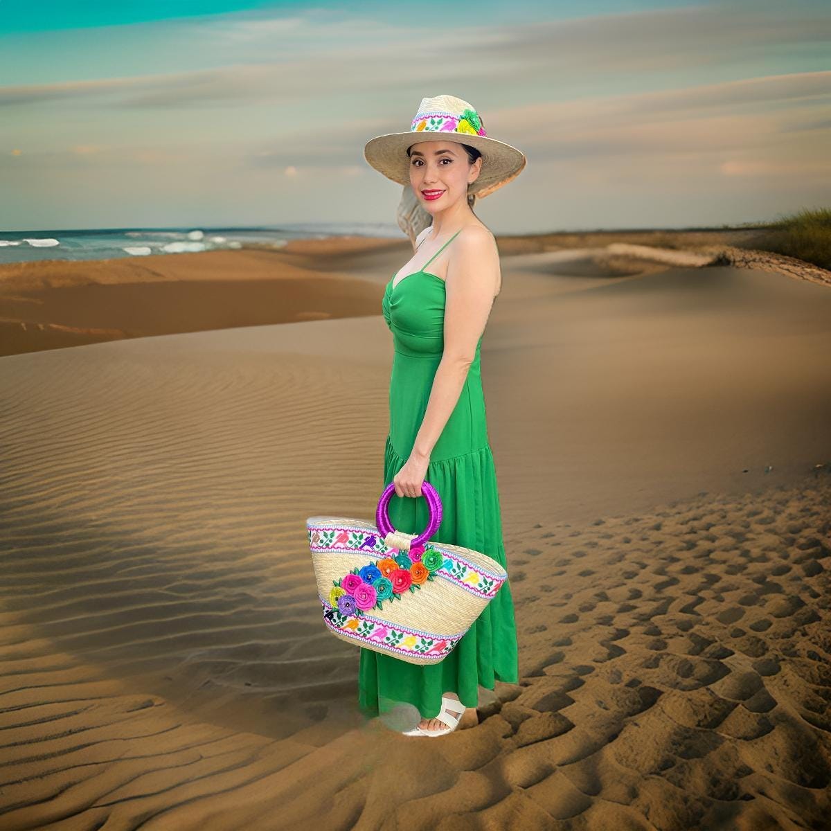 Handmade Palm Hat and Bag Set: Boho Floral Embroidered  display picture 1