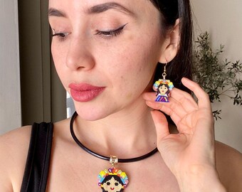 Handmade Beaded Frida Necklace and Earrings Set: Mexican Miyuki Jewelry