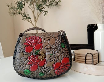 Met de hand bewerkte leren tas met rode rozen – bruine schoudertas met reliëfdruk – Mexicaanse ambachtelijke handgemaakte tas