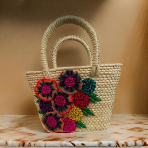 Handwoven Mexican Palm Bag | Artisan Tote with Colorful Floral Embroidery & Braided Handles | Handmade Boho Straw Purse for Beach and Travel