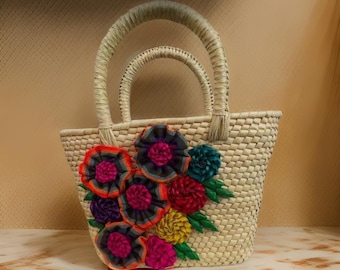 Handwoven Mexican Palm Bag: Floral Embroidered Boho Tote
