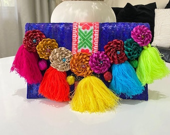 Handmade Mexican Palm Clutch: Boho Festival Bag with Tassels & Pinecone Flowers