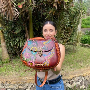 Leather Shoulder Bag with Hand Painted Hummingbird & Flowers – Handmade Crossbody Artisan Purse