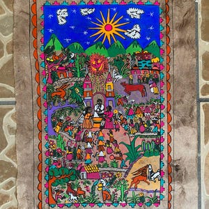 Handmade Mexican Amate Paper Painting: Colorful Folk Art (40x60 cm)