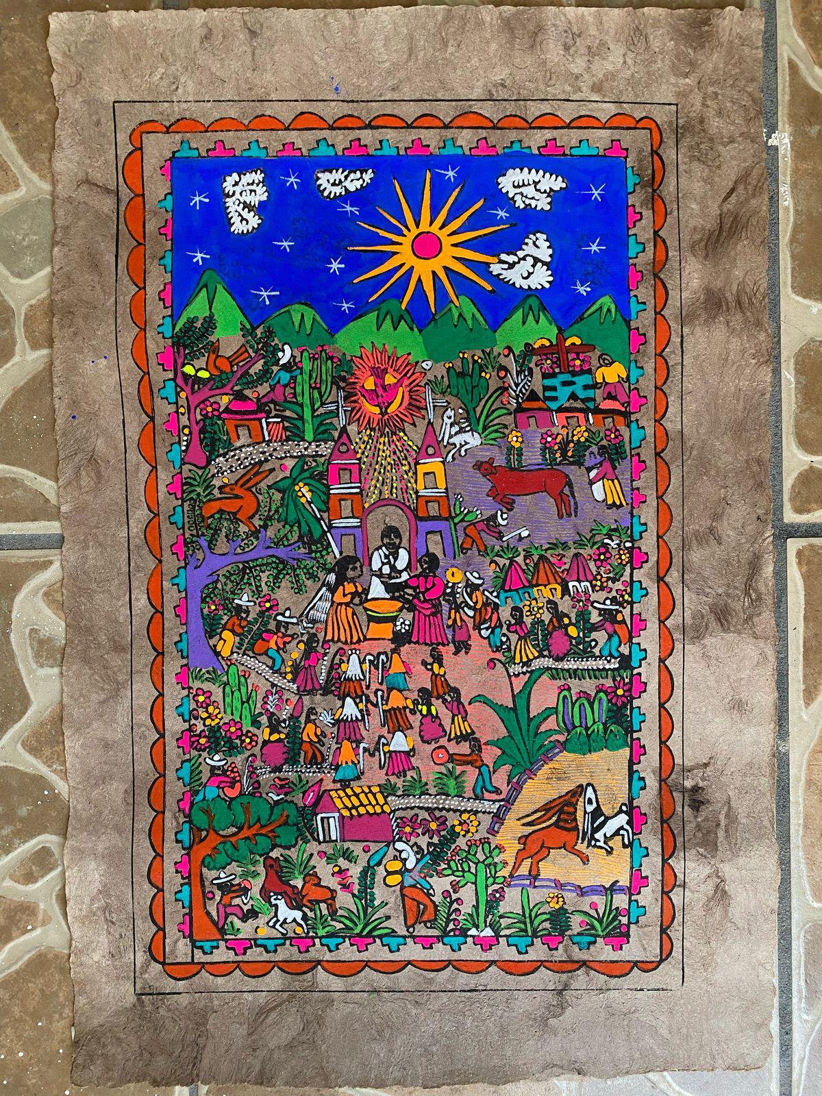 Handmade Mexican Amate Paper Painting: Colorful Folk Art (40x60 cm)