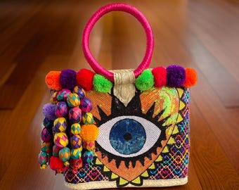 Handwoven Mexican Palm Tote Bag: Embroidered Heart & Eye, Pom-Poms