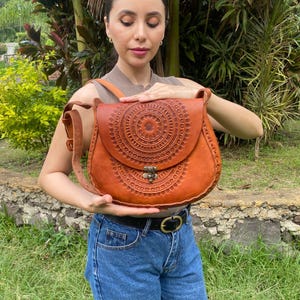 Hand Carved Leather Crossbody Bag: Mandala Design, Artisan Boho Purse
