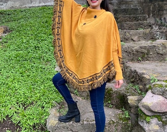 Mustard Yellow Wool Blend Poncho: Handmade Boho Cape with Fringe