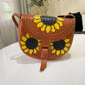 Handmade Tooled Leather Crossbody Bag with Sunflower Design | Mexican Artisan Shoulder Purse | Boho Floral Leather Satchel for Women