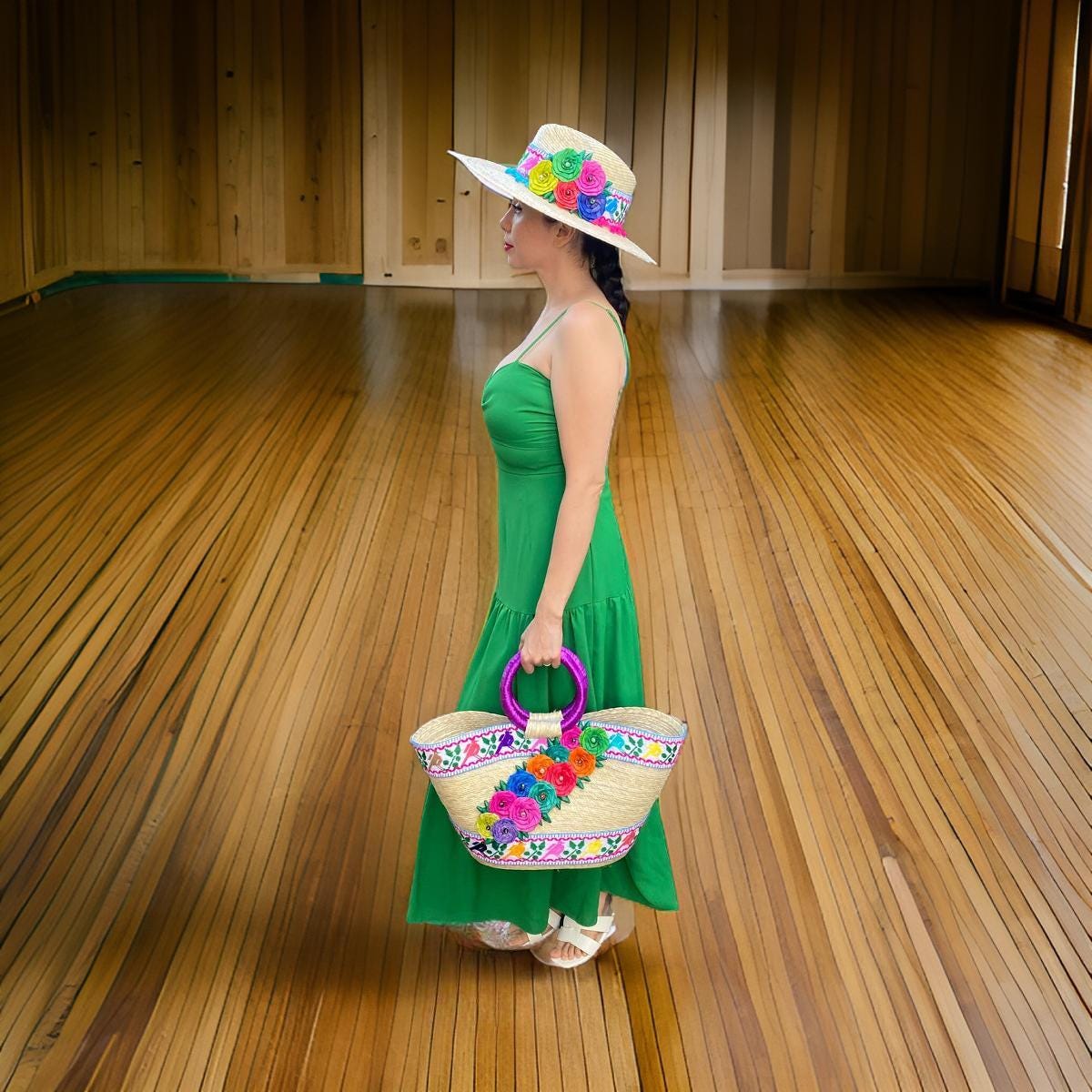 Handmade Palm Hat and Bag Set: Boho Floral Embroidered  display picture 3