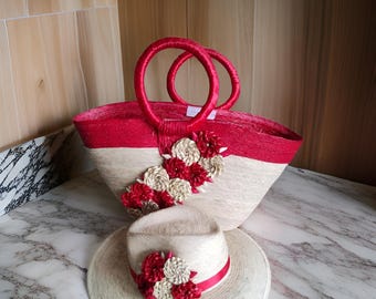Set handgemaakte palmhoed en tassen: rode bloemen boho-strandaccessoires