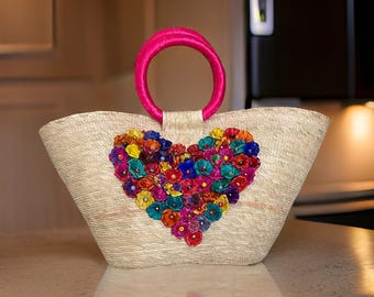 Handmade Palm Straw Tote: Mexican Floral Heart Boho Beach Bag