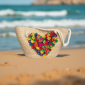 Bolsa de palmeira feita à mão | Bolsa Boho Chic com flores de argila coloridas | Bolsa de praia tecida artesanal | Presente de bolsa de verão exclusivo para mulheres e festivais