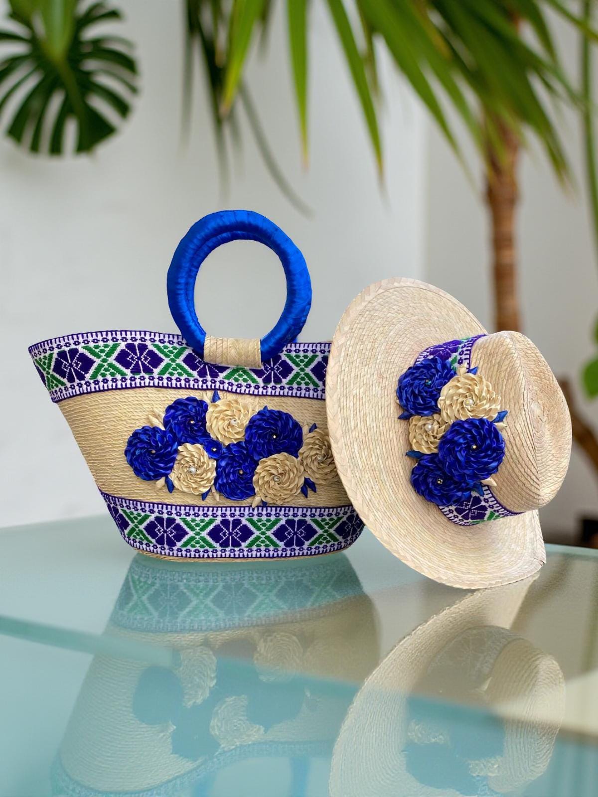 Handmade Palm Hat and Bag Set: Blue Floral Boho Beach 