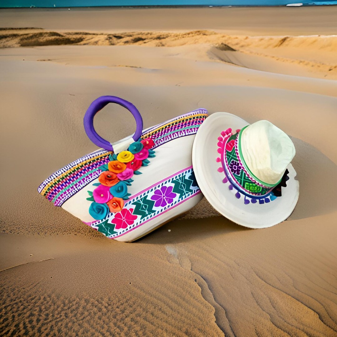 Boho palma hat and bag Handmade Palm Hat and Bag Set: Blue Floral Boho Beach  main image 3