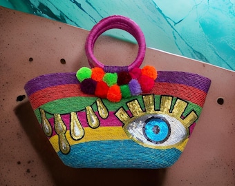 Handgemaakte geweven palmstrandtas: boho-oogontwerp met pailletten