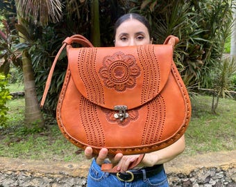 Handmade Leather Crossbody Bag: Embossed Floral Mexican Boho Purse