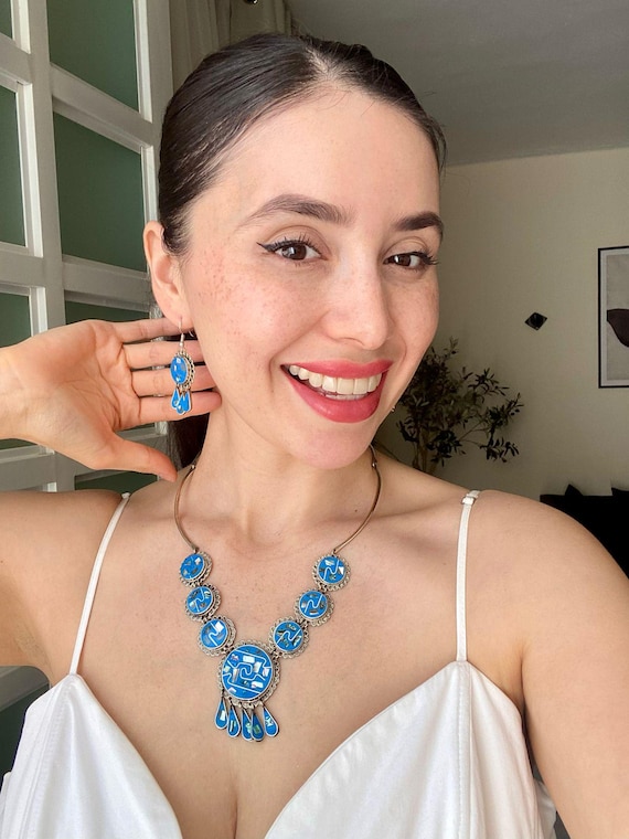 Handmade Alpaca Silver Turquoise Necklace Earrings: Mexican Boho
