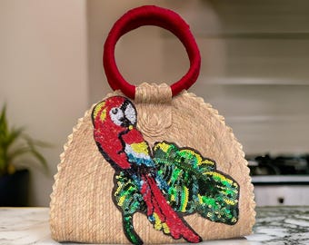 Handgemaakte Mexicaanse handtas: ara met pailletten, boho-chique draagtas van stro