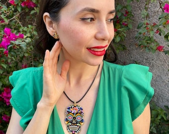 Handmade Miyuki Beaded Skull Necklace | Day of the Dead Jewelry