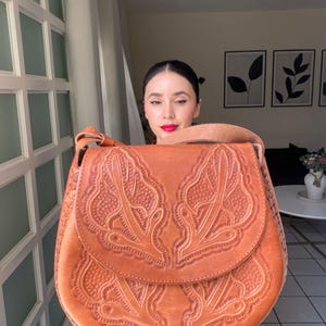 Handmade Tooled Leather Saddle Bag | Mexican Crossbody Bag with Embossed Floral Design | Boho Western Shoulder Purse for Women