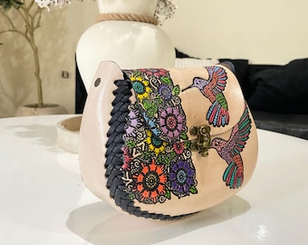 Handmade Tooled Leather Crossbody Bag: Hummingbird Floral Embroidery