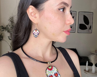Handmade Beaded Sugar Skull Necklace and Earrings Set: Mexican Miyuki Jewelry