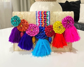 Handmade Palm Clutch: Mexican Artisan Bag with Tassels & Pine Cone Flowers