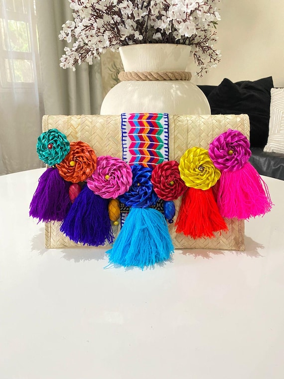 Handmade Palm Clutch: Mexican Artisan Bag with Tassels & Pine Cone Flowers