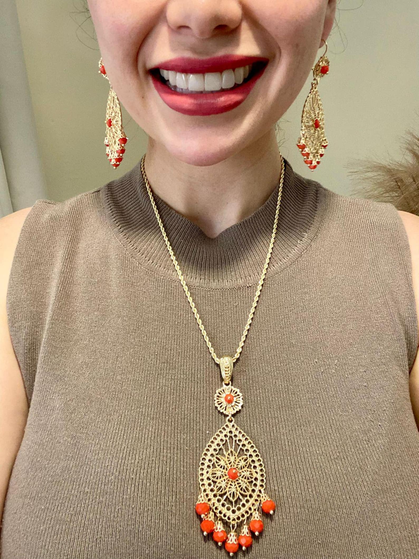 Gold Filigree Jewelry Set: Red Bead Necklace and Earrings - Mexican Artisan Gift